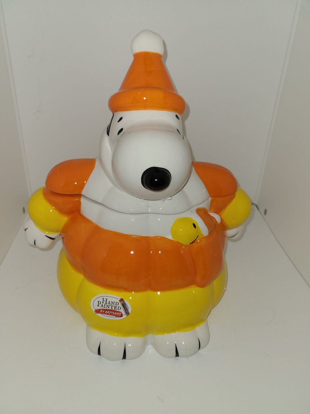 Peanuts Snoopy & Woodstock Yellow, Orange, White Candy Corn Cookie Jar Halloween